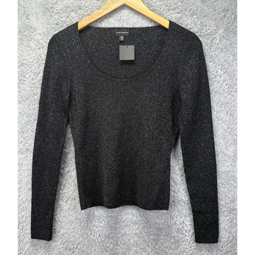NEW Club Monaco Womens L Black Metallic Shimmer Sweater Scoop Neck Long Sleeve